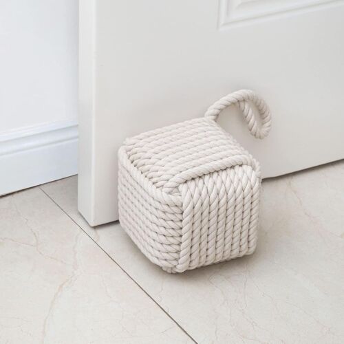 Cale-Porte En Coton Noué Cale-Porte Nautique Décoratif Fait Main Avec Poignée,Cale-Porte Carré Intérieur Lesté Noeud De Marin Pour Porte Et Fenêtre-Beige (12.7x12.7cm,2kg)