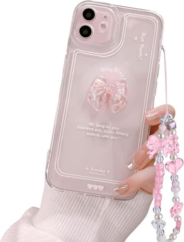 Compatible Avec Coque Iphone 12 Mini Cute Rose Arc Aesthetic Transparent Slim Design Antichoc Housse Tpu Femme Fille Camera Lens Protection Etui + Flash Color Crystal Perles Chaîne