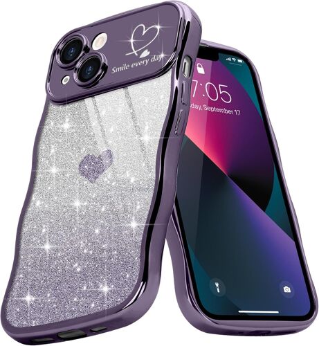 KALANKA-Coque de téléphone bouclée avec Motif coeur Mignon pour iPhone 13, Cadre ondulé à Paillettes pour Filles et Femmes, résistante aux Chocs Case, en TPU Souple pour iPhone 13, Violet Foncé