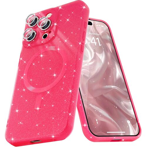 KAL-Coque Magnétique Pour Iphone 16 Pro Max Etui À Paillettes Brillant Compatible Avec Magsafe Charge Sans Fil Housse De Protection Antichoc Pour Appareil Photo Glitter Silicone Souple,Rouge Rosé