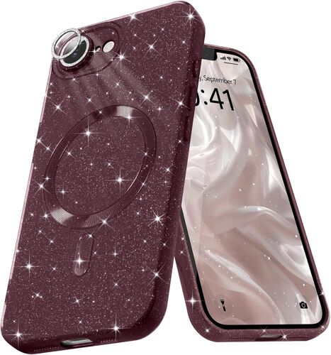KAL-Coque Magnétique Pour Iphone 16E Etui À Paillettes Brillant Compatible Avec Magsafe Charge Sans Fil Housse De Protection Antichoc Pour Appareil Photo Glitter Silicone Tpu Souple,Rouge