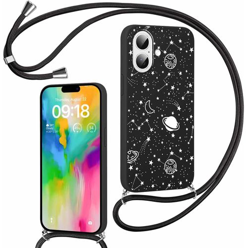 Ppdaz-Coque Pour Iphone 16 Plus Avec Cordon De Collier, Étui Aesthetic Planète Motif Housse Réglable Lanyard Corde, Souple Silicone Antichoc Protection Case Pour Iphone 16 Plus 6,7"", Noir Chaîne