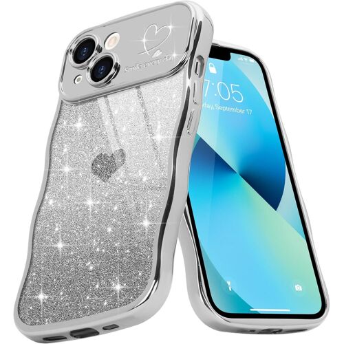 KAL-Coque De Téléphone Bouclée Avec Motif Coeur Mignon Pour Iphone 13, Cadre Ondulé À Paillettes Pour Filles Et Femmes, Résistante Aux Chocs, En Tpu Souple Pour Iphone 13, Argent