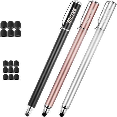 2 en 1 Stylet Stylus Pointe Fine Écran Tactile Capacitif Stylo+ 15 Embouts de Rechange pour Smartphones Comprimés iphone ipads (Noir/Rose Or/Argent)