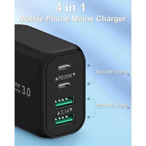 Chargeur Usb C Rapide 40w 4 Ports, Adaptateur Secteur Pd Et Qc Avec Câble 2m, Compatible Iphone 15 Series, Galaxy S23 Ultra/S23/S22/S21/S20/S10/Note20 (Noir)[Z4598]