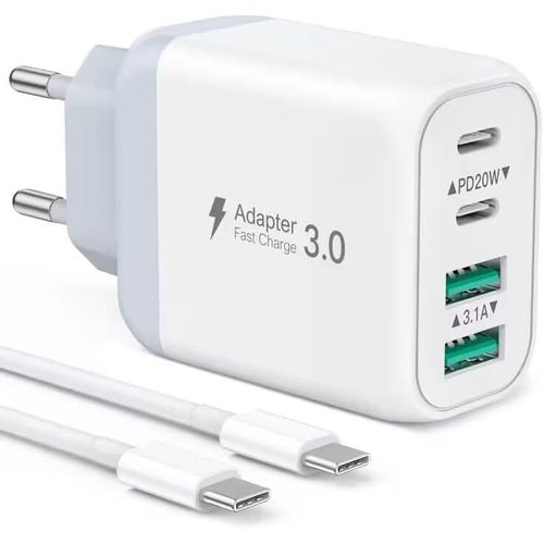 Chargeur Type C Rapide 40W - 4 Port Adaptateur Secteur Usb C Pd Et Qc Avec 2M Câble - Pour Iphone 15 Series, Samsung Galaxy S23 Ultra/S23/S22/S21/S20/S10 (Blanc)