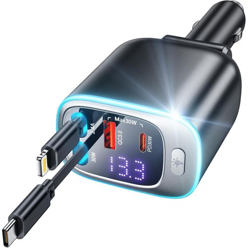 Rolgno Rétractable Chargeur Allume Cigare Usb C, [Charge Rapide 4 Ports] Chargeur Voiture 72w, Pr Allume Cigare 12v Pd30w&qc3.0, Câbles Doubles 65cm Adaptateur Allume Cigare Pour Iphone/Galaxy/Ipad