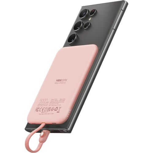 External Battery 5000 mAh, Lightweight & Ultra Slim Power Bank with USB C Integrated Cable (Non-Wireless Charging), External Battery Compatible with Samsung/iPhone 15/Huawei/Xiaomi (Pink)