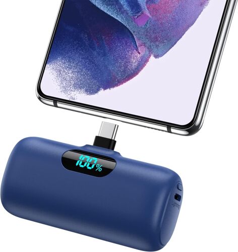 External Battery Usb C 5000 Mah, 15 W 3.0 A Quick Charge Portable Charger Mini Power Bank With Lcd Screen Compatible With Samsung S23, S22/Note/Huawei/Moto/Lg/Pixel/Nexus, Usb C Phones Etc \ Blue