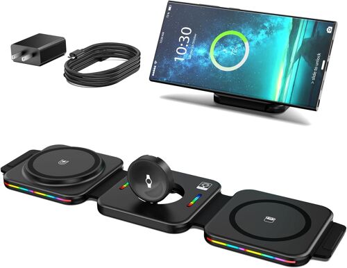 Induction Charger for Samsung S25 Ultra, 3-in-1 Wireless Charger for Samsung S24/S23/S22/S21/Ultra, as well as Galaxy Watch 7/6/5/4 and Galaxy Buds 2/Pro 2 Headphones - Black