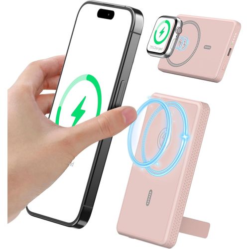 5000mah Magnetic External Battery, Portable Fast Wireless Charger, Slim Power Bank With Folding Stand, Mini Battery Pack Compatible With Iphone 14/15/16 (Pink)