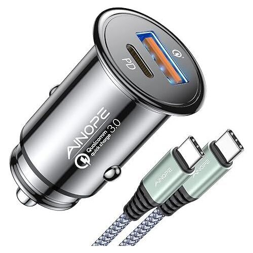 KALANKA-Chargeur de Voiture, 30W Chargeur Voiture USB C avec PD 3.0 Chargeur Allume Cigare USB 2 Ports avec Quick Charge 3.0 pour Macbook Pro, Tablets, iPhone X/XS, Galaxy S9/S8 et Plus[Tout métal]