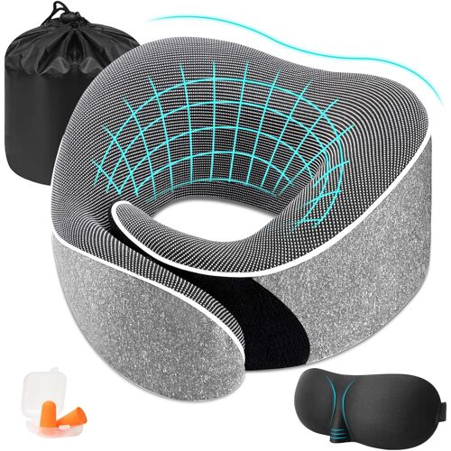 KALANKA-Coussin de Voyage, Oreiller de Voyage Memoire Forme, Coussin Voyage de Forme pour Adultes, pour Les Yeux, Bouchons d'oreille et Sac de Rangement, Convient pour Avion et Train (A)