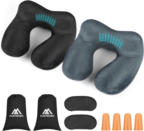 KALANKA-Flintronic Coussin de Voyage Gonflable, 2 Pcs Oreiller de Voyage pour Avion, Oreillers de Soutien de Velours Doux, avec Masque pour Les Yeux et Bouchons d'oreille, Pliable et Portable,pour Av