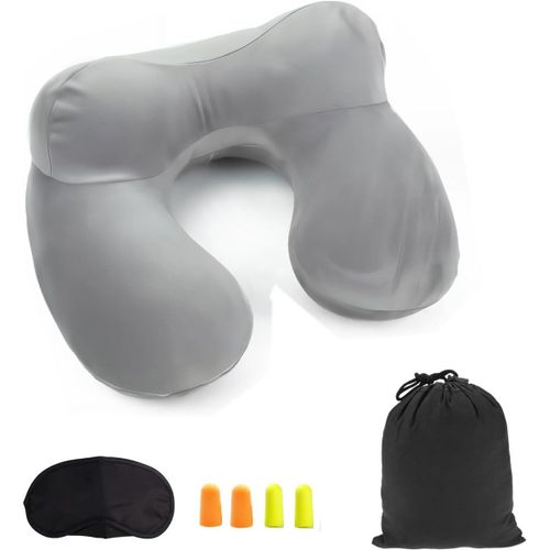 Oreiller De Voyage Gonflable Avec Vanne,Coussin De Cou Gonflable De Velours Doux Avec Bouchon D'oreille Et Masque Pour Les Yeux(Gris)