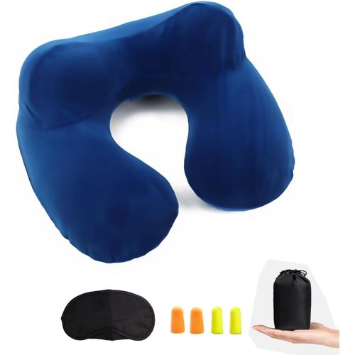Oreiller De Voyage Gonflable Avec Vanne,Coussin De Cou Gonflable De Velours Doux Avec Bouchon D'oreille Et Masque Pour Les Yeux (Bleu)