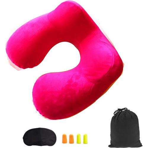 Oreiller De Voyage Gonflable Avec Vanne,Coussin De Cou Gonflable De Velours Doux Avec Bouchon D'oreille Et Masque Pour Les Yeux (Rose)