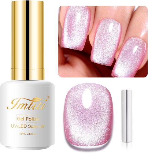 Vernis ¿¿ Ongles Uv Rose Champagne 15 Ml 9d Cam¿¿L¿¿On Holographique Magn¿¿Tique Paillettes ?Il De Chat Uv Led Soak Off Avec 1 Aimant 