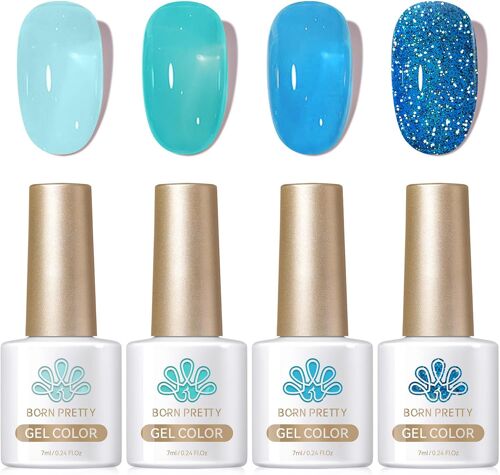 Born Pretty Vernis Gel Semi-Permanent Bleu - Vernis ¿¿ Ongles En Gel Cristal Transparent S¿¿Rie Bleu Oc¿¿An Soak-Off Uv/Led Vernis Semi Permanent Pour Studio De Manucure Diy Home, 7ml 4pcs 