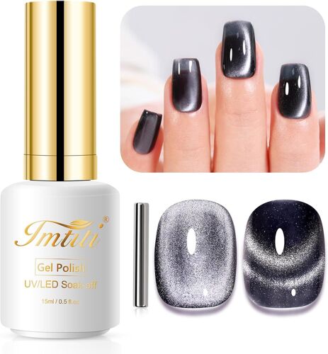 Vernis Semi Permanent Magnétique, 15ml Noir Cristal Pailleté Cat Eye Vernis Gel Uv Avec Aimant Foncé Gris Cateye Gel Nail Polish Holographique Glitter Galaxy Vernis À Ongles Gels Nail Art Kit 