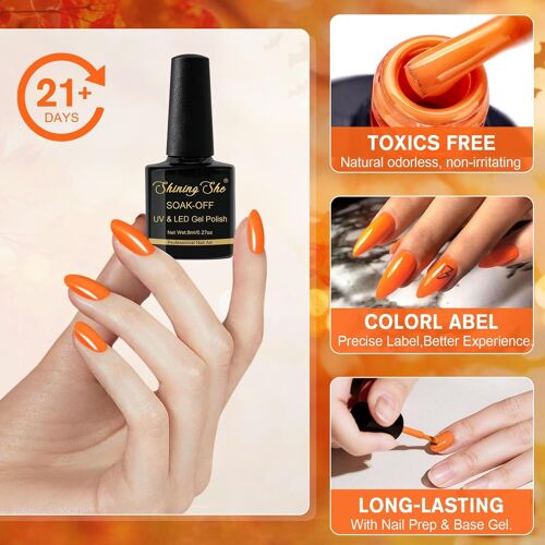 Vernis Semi Permanent, 10 Couleurs Jaune Orange Rouge Pailleté Gel Uv Semi Permanent Soak Off Uv/Led Vernis À Ongles Pour L'automne, L'hiver Et L'halloween, 8ml 