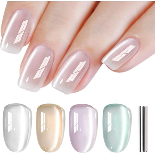Cat Eyes Ongles Semi Permanent, 4 Couleurs Blanc Jaune Nude Violet Vert Moonlight Crystal Magnétique Semi-Permanent Jelly Glass Vernis À Ongles Soak Off Uv/Led Pour Salon Diy Home, 8 Ml 