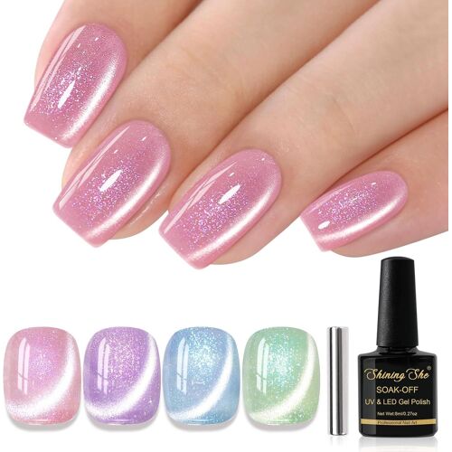 Kal-Cat Eyes Ongles Semi Permanent, 4 Couleurs Rose Violet Bleu Vert Pailleté Vernis Semi Permanent Cat Eyes Avec Bâton Magnétique, Soak Off Uv/Led Vernis À Ongles Pour Salon Diy Home, 8 Ml 