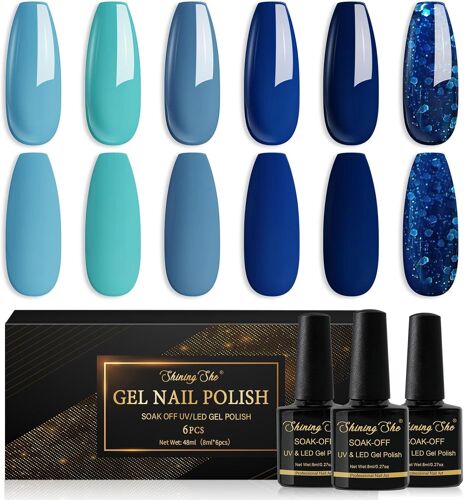 Vernis Semi Permanent Bleu, 6 Couleurs Bleu Bébé Bleu Céruléen Bleu Marine Paillettes Gel Uv Semi Permanent Soak Off Uv/Led Vernis À Ongles Pour Salon De Manucure Diy Home, 8ml 