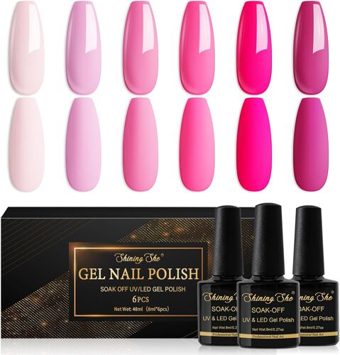 Vernis Semi Permanent, 6 Couleurs Rose Série Vernis À Ongles Gel Soak Off Uv/Led Semi-Permanent Manucure Kit Pour Salon De Manucure Diy Home, 8ml 