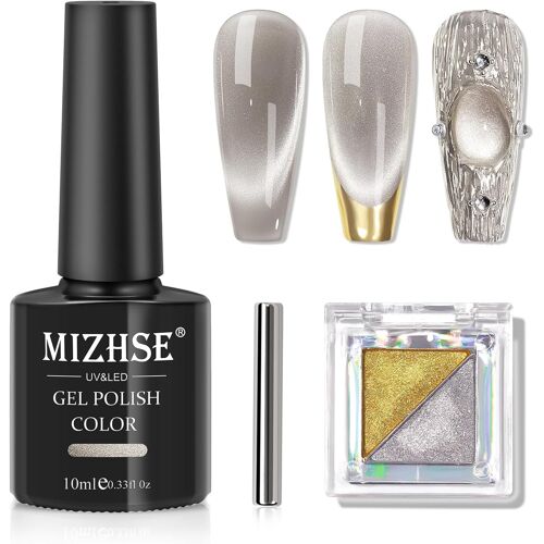 Cat Eye - Kit De Vernis À Ongles Uv Cel - 10 Ml - Gel Uv - Maillard Cateye - Magnétique - Avec 1 Aimant - Poudre À Ongles Chromée - Effet Miroir Argenté Et Doré - Poudre Chromée - Pour Lampe Uv 