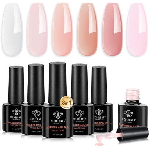 Gel Construction Ongle Uv, 8 En One Builder Gel 6 Pcs Nude Rosa Pailleté Clear Vernis Semi Permanent Pour Vernis Fortifiant Ongles, Nail Extension, Réparation, Renforcement, Nail Art 