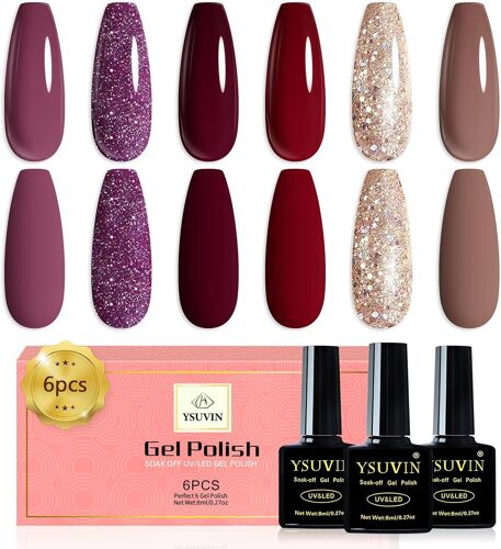 Vernis Semi Permanent Rouge Fonc¿¿, 6 Couleurs Bordeaux Rouge Taupe Marron Paillet¿¿ Or Automne Hiver Vernis ¿¿ Ongles Soak Off Uv Led Pour French Kit De Manucure Vernis Gel, 8 Ml 