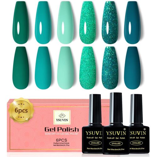 Vernis Semi Permanent, 6 Couleurs Vert Émeraude Collection Vert Olive Foncé Turquoise Pailleté Vernis À Ongles Soak Off Uv Nail Art Salon, Fête Prénuptiale/Noël Cadeaux 