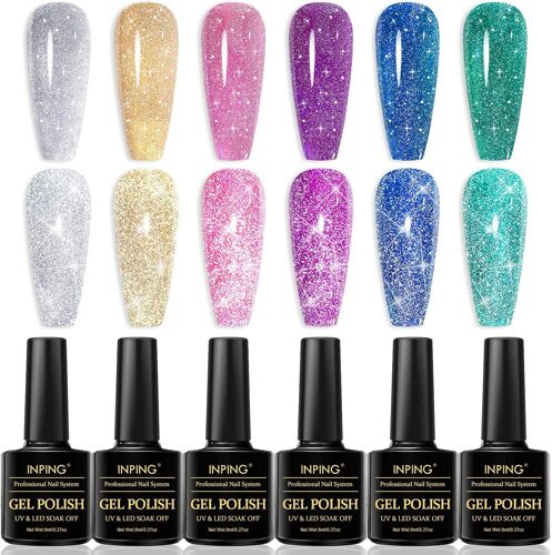 Vernis Semi Permanent Paillet¿¿,6 Couleurs Reflechissante Or Argent Rose Vert Bleu Violet Vernis Gel Uv Semi Permanent,Soak Off Uv/Led Vernis ¿¿ Ongles Pour D¿¿Butant Nail Art Diy,8ml 