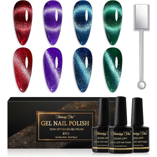 Vernis Semi Permanent Magnétique, 4 Couleurs Rouge Violet Bleu Vert Holographique 9d Cat Eye Semi-Permanent Avec Bâton Magnétique Soak Off Uv/Led Vernis À Ongles Pour Salon Diy Home, 8 Ml 