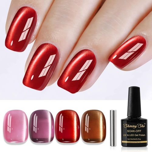 Kal-Vernis Semi Permanent Cat Eye, 4 Couleurs Rose Rouge Brun Moonlight Crystal Vernis Semi Permanent Magnétique Avec Bâton Magnétique Soak Off Uv/Led Vernis Cat Eyes Pour Salon Diy Home, 8ml 