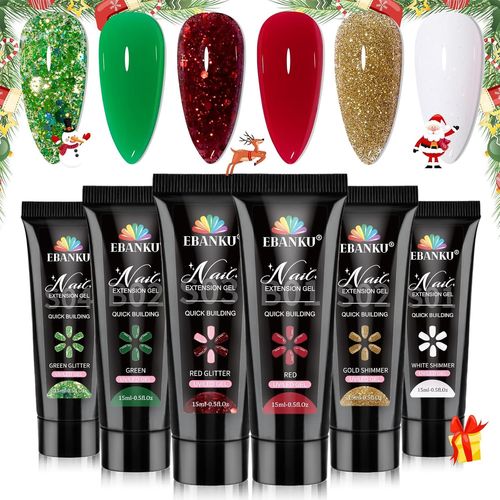 Noël Poly Extension Gel Kit, 6 Couleurs Pailleté Poly Ongle Gel Uv Complet Faux Ongle Vernis Semi Permanent Nail Extension D¿Ongle Construction Gel Pour Noël Diy Manucure 