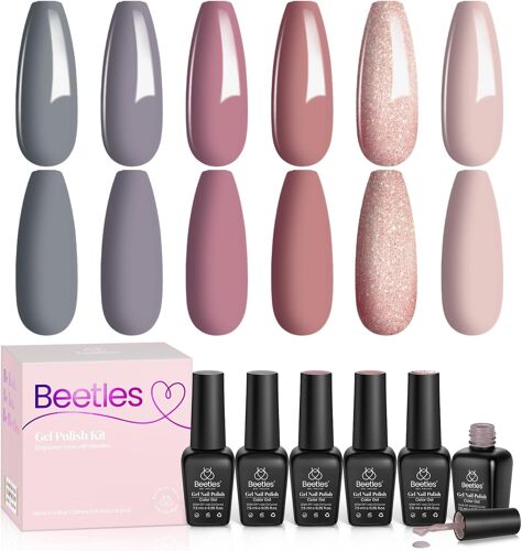 Beetles Vernis Semi Permanent 6 Couleurs, Charme Doux Lot De Vernis ¿¿ Ongles Gels Rouge Nude Rose Paillettes, S¿¿Che Sous Lampe Uv/Led, Cadeaux Pour Femmes Kit De Manucure 