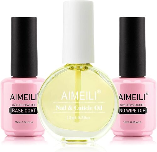 Base Et Top Coat Vernis Semi Permanent Avec Huile Cuticule Ongles 3 * 15ml No Wipe Top Coat Et Base Coat Vernis ¿¿ Ongles Gel Uv Led Nail Polish Soak Off Manucure Kit 