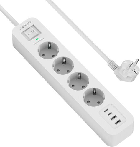 Multiprise USB C,4 Prises avec 4 Ports USB Chargeur de Voyage, Parasurtenseur Multiprise Electrique(3680W 16A) Parafoudre et Surtension avec Interrupteur Cable 2m pour Smartphone Tablette- Blanc