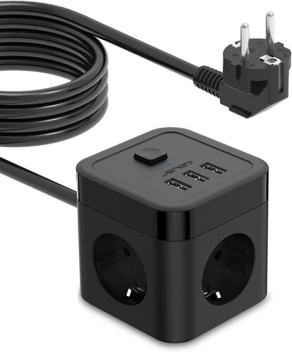 Multiprise Cube avec USB, Bloc Multiprise 3 Prises avec 3 Ports USB Chargeur (3680W 16A) Parasurtenseur Parafoudre et Surtension avec Interrupteur Cable 5M-Blanc