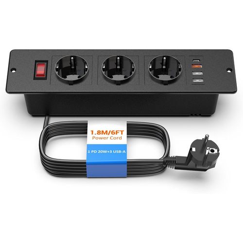 Loc-Prise Encastrable Usb C Pd 20W,Multiprise Encastrable 3 Prises Avec 3 Ports Usb A Avec Interrupteur,Câble 1.8M Noir