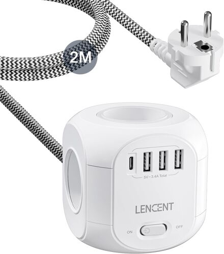 JEXNOVASHOP-Cube Rallonge Multiprise avec Interrupteur Cube Secteur avec 4 Prises AC, 3 USB et 1 Type C, Multiprise USB Parafoudre Rallonge électrique pour Maison, Cuisine, Bureau, Tressé Câble 2 M