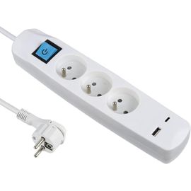 Bloc Multiprise 3 Prises Françaises + 2 USB 3.4A 17W A + 1 Type C, avec Interrupteur on/Off, Fiche Extra Plate 90° 16A, Câble 1.5M, Blanc