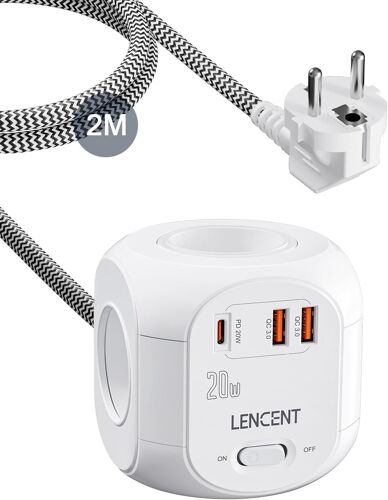 CHENG-Cube rallonge multiprise Amélioré PD 20W 2M avec 4 Prises AC, 3 USB et 1 Type C Multiprise USB Rallonge électrique avec Interrupteur pour Maison, Cuisine, Bureau, Tressé Cable