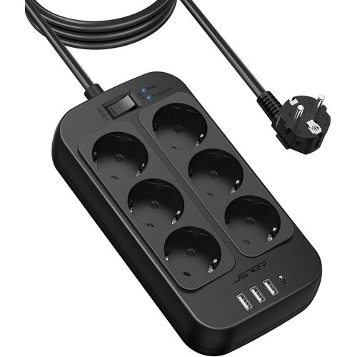 Multiprise Parasurtenseur USB,Multiprise Electrique 6 Prises avec 4 Ports USB Chargeur de Voyage(5V3,4A/17W) Parafoudre et Surtension avec Interrupteur Cable 3m pour Smartphone Tablette- Noir