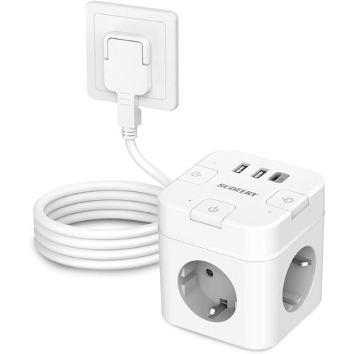 Loc-Cube De Prise 6 En 1 Avec Usb C,3 Prises,Prise Plate Avec Interrupteur Individuel,Multiprise Cube Avec Câble De 2 M,1 Multiprise Usb De Type C Pour Bureau,Maison,Voyage(Blanc)