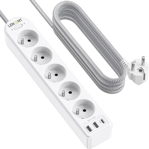 Upgraded Electric Power Strip with 5 Sockets, 2 USB and 1 Type C with Switch, Braided 2 m Cable, USB Extension Cord for Home, Office and Kitchen, White