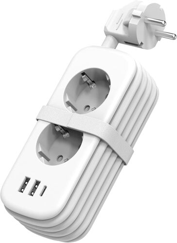 Chargeur USB Multiprise 1.5M avec 2 Prises AC, 2 USB et 1 Type C, Protection Contre Les surtensions pour rallonge électrique avec Interrupteur pour Maison, Cuisine, Bureau, Tressé Câble