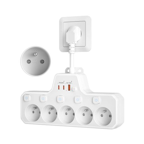 ChenQuanSarl-Multipr Avec Interrupteur Individuel,Multipr Electrique 5 Pr s França Avec Terre 16A 2P+T,Pr Multiple Murale Avec Usb C Charge Rapide Pd20W,Multipr Parafoudre Câble Court 0.1M,Blanc